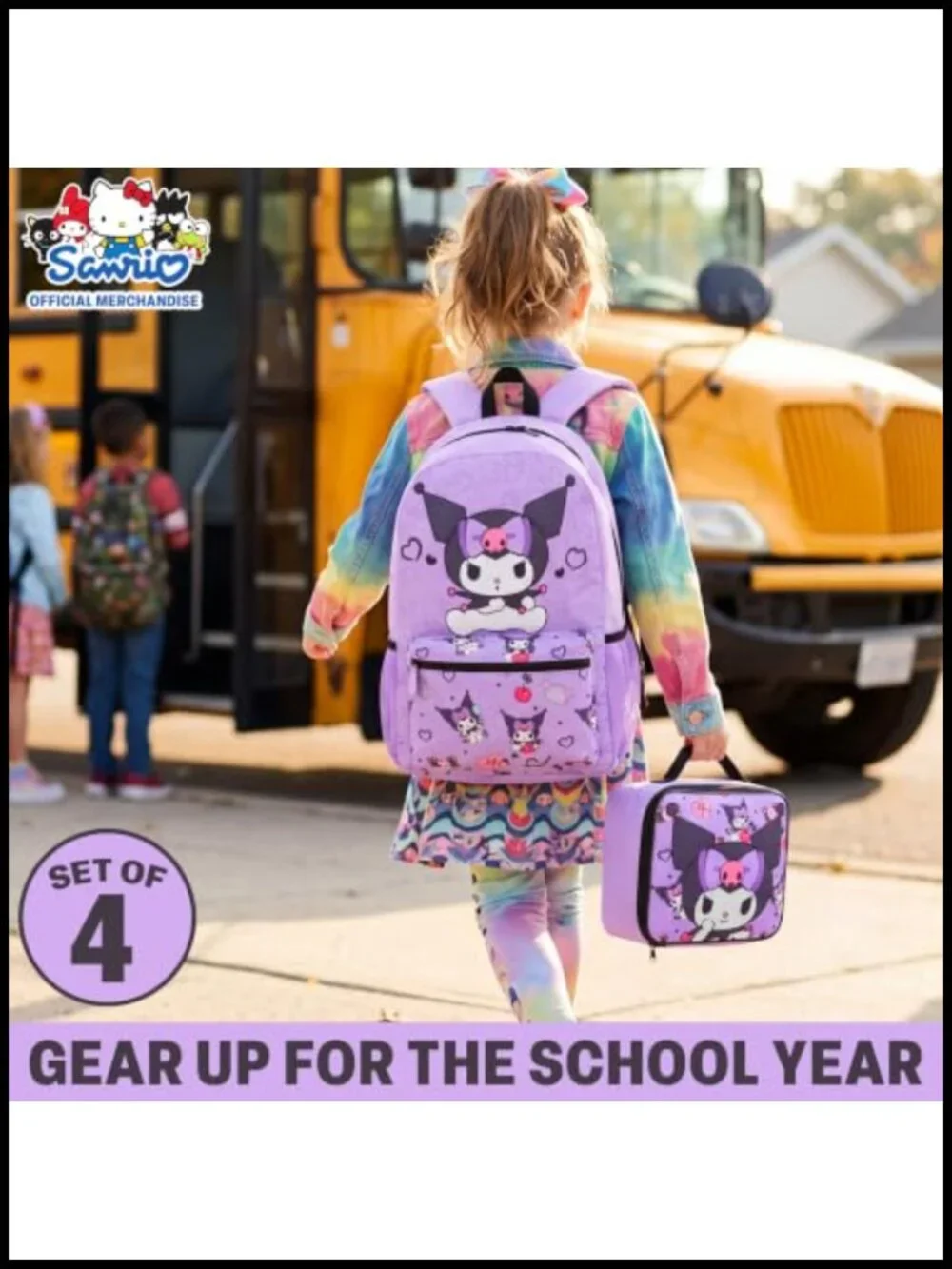 Kuromi Girls Backpack Set 4 Piece - Lunch Bag Pencil Case Water Bottle Sanrio